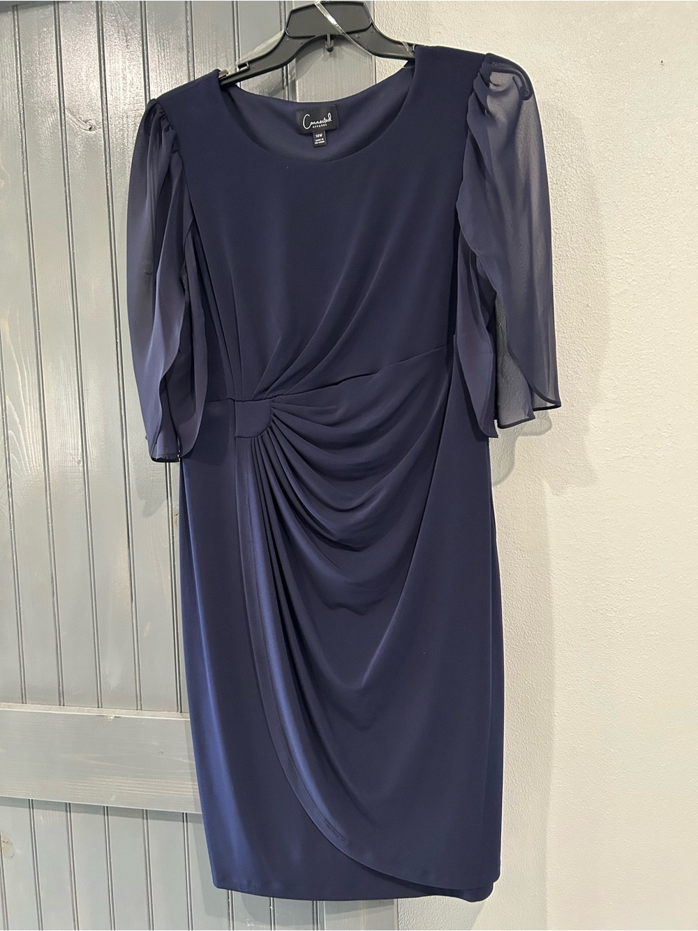 connected apparel Navy Ruched Sheath Dress with Chiffon Sleeves